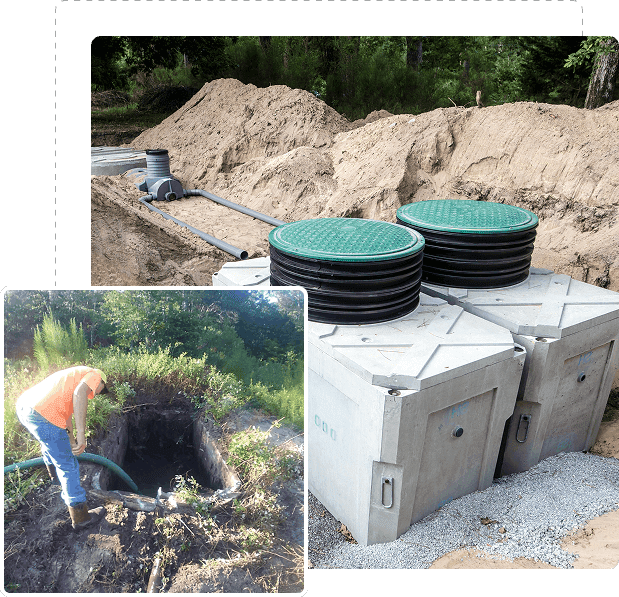 Construction site with sewer pipes and concrete blocks.