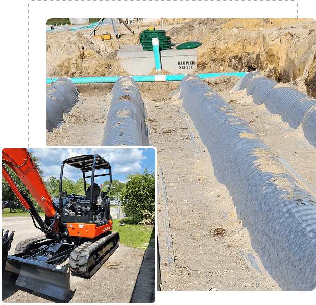 Excavator preparing trenches covered with gravel for landscaping or construction.